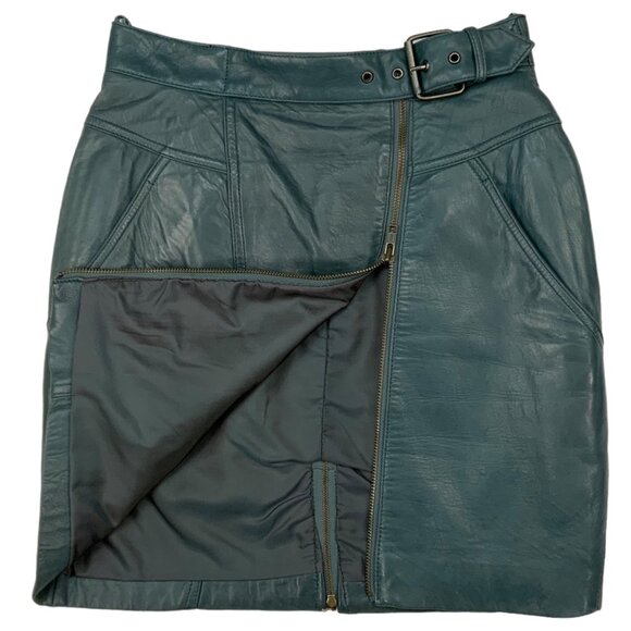 Glen Wood Vintage Soft Leather Skirt 8 Green Mini Angled Front Zip Pocket Retro - Picture 6 of 12